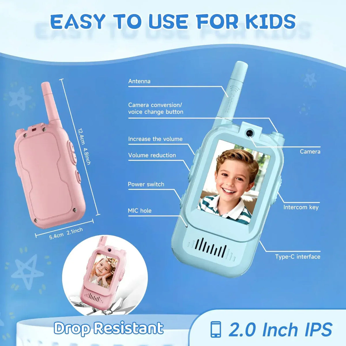 2Pcs Rechargeable Kids Video Walkie Talkie