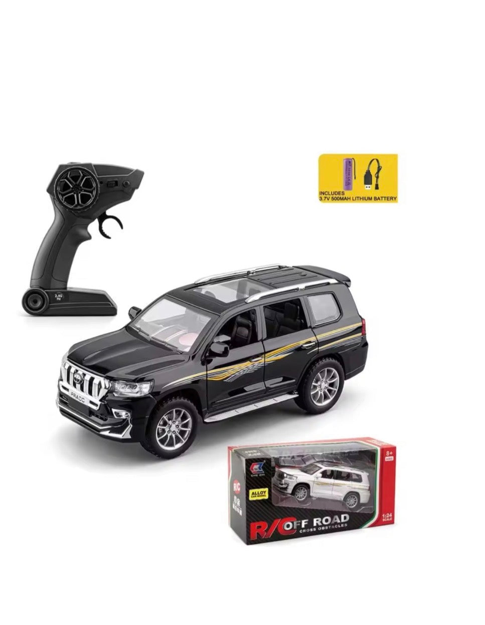 1:24 RC Prado Alloy Diecast Car with Remote | Openable Doors, Lights & Music
