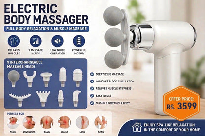 Electric Massage Gun - 9 Interchangeable Heads - Type-C Rechargeable Deep Tissue Body Massager for Pain Relief