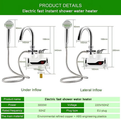 Instant Electric Water Heater Tap with Digital LED Display & Shower Head – 3000W Tankless Hot Water Faucet